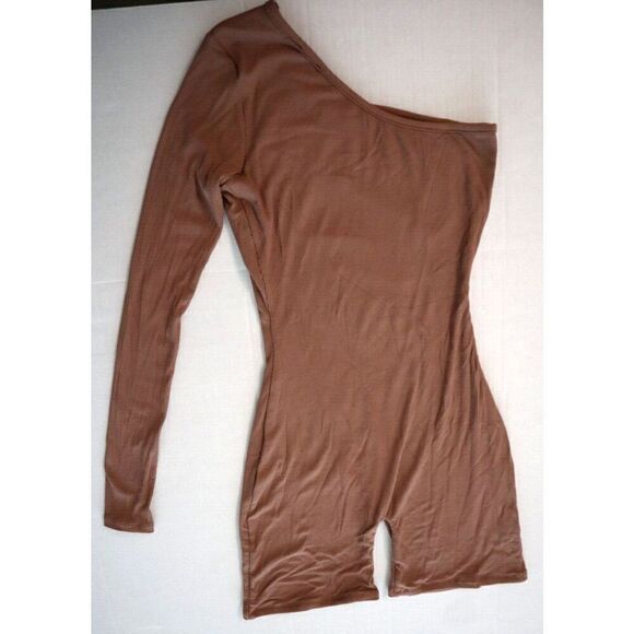 Naked Wardrobe NW-J1183 Women's Sz M Coco Brown One-Shoulder Ribbed Romper - Picture 10 of 11